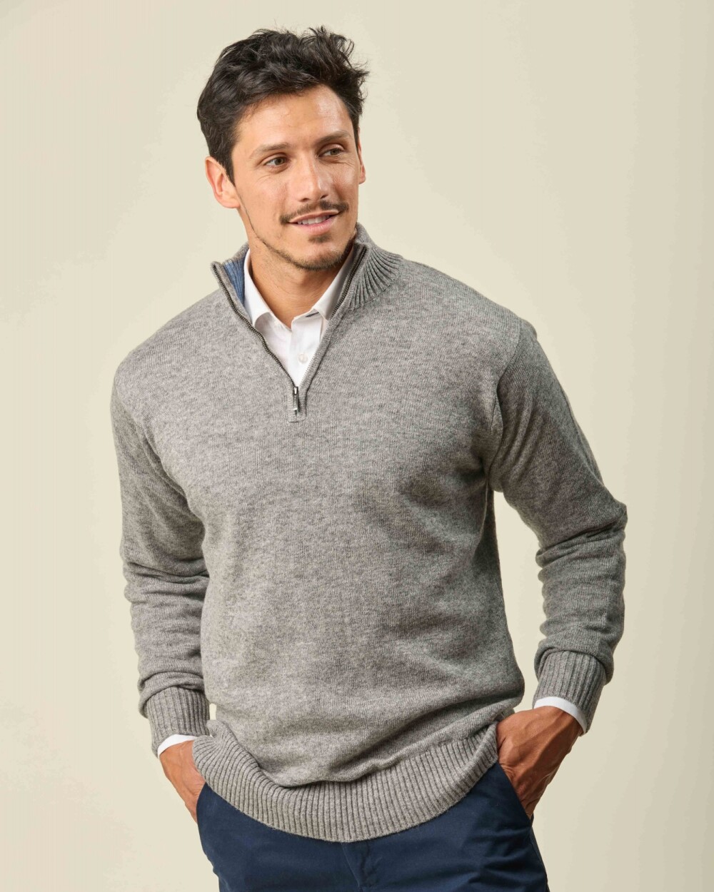 Buzo Lambswool Medio Cierre Gris Medio