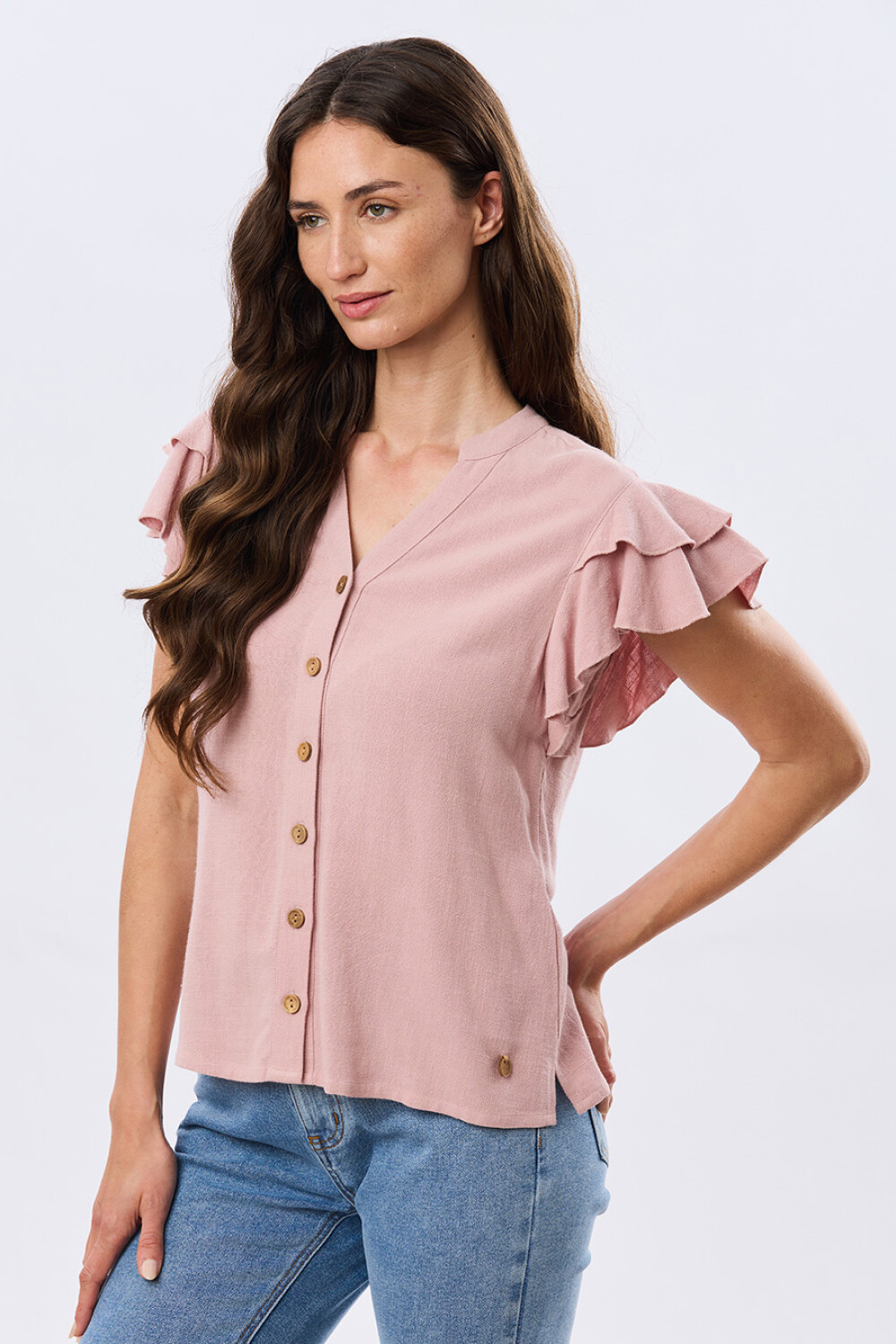 CAMISA DE LINO CON VOLADOS Rosa