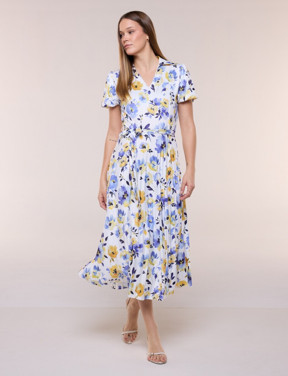 Vestido Midi Estampado Floral Con Lazo - Blanco/multi 