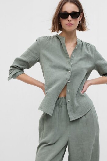 Camisa Muselina Cuello Mao Mujer Sage
