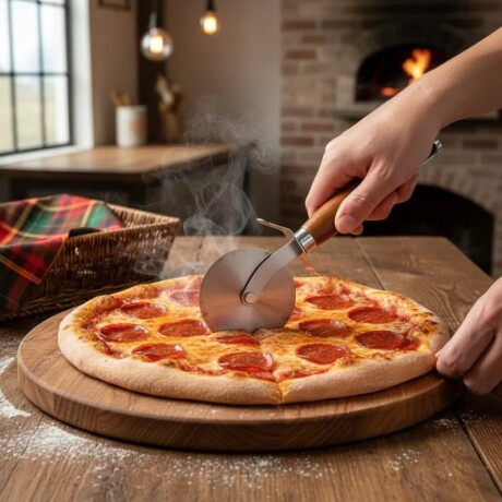 Cortador de Pizza de Acero Inoxidable con Mango de Madera Cortador de Pizza de Acero Inoxidable con Mango de Madera