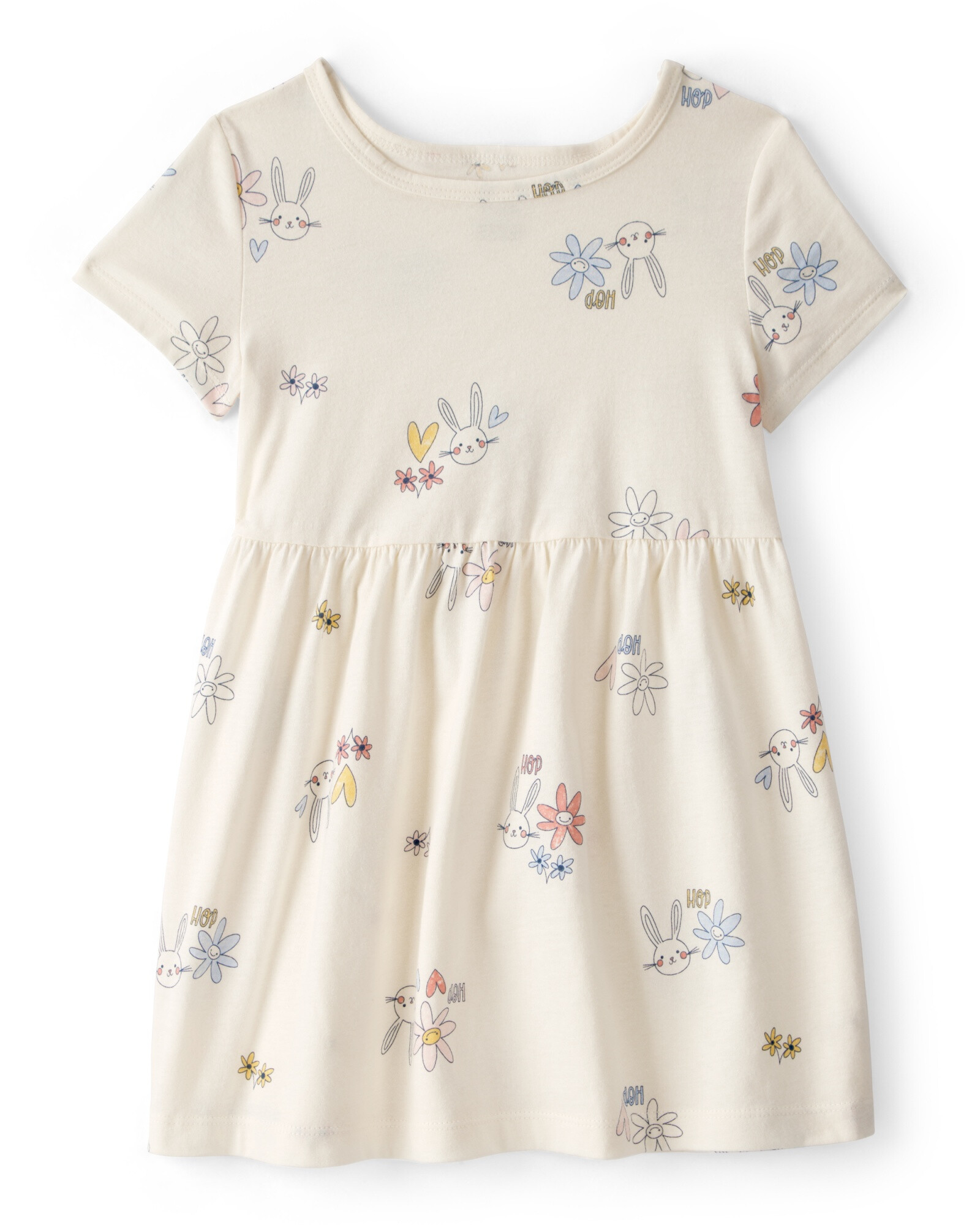 Vestido de algodón, manga corta, crema, diseño conejo de Pascua Sin color