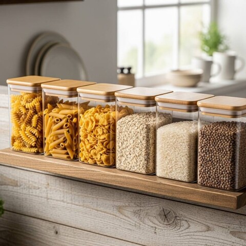 Frasco contenedor de vidrio rectangular tapa madera 1100ml