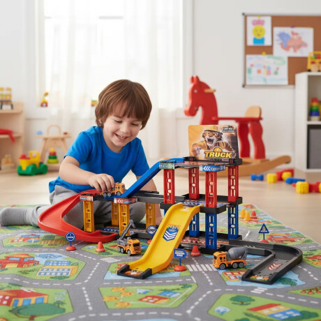 Pista de Vehículos Construcción 39Pzas Rampas Accesorios Amarillo