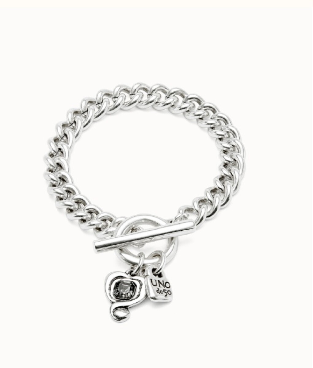 PULSERA DE CADENA DE ALEACIÓN DE METALES BAÑADA EN PLATA DE LEY CON CORAZON Y CRISTAL NEGRO - Pulsera 