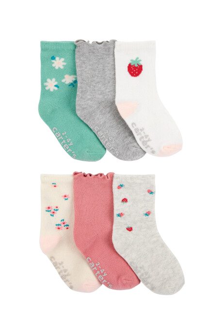 Pack seis pares de medias de algodón, diseños florales y frutillas Sin color