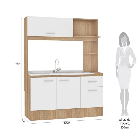 Kit de cocina compacta 4 puertas 1 cajón Patas Ajustables 141 x 50 x 185 cm - Carvale / Blanco Kit de cocina compacta 4 puertas 1 cajón Patas Ajustables 141 x 50 x 185 cm - Carvale / Blanco