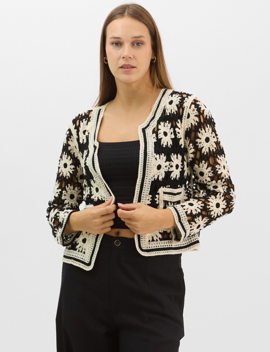 Cardigan Calado Con Bolsillos - Negro/beige 