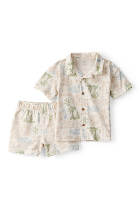 Set dos piezas de algodón, short y camisa, crema, diseño tropical. Talles 2-5T Set dos piezas de algodón, short y camisa, crema, diseño tropical. Talles 2-5T