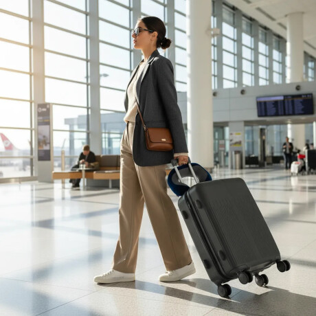 Set Valija Grande Rígida + Almohadón Cervical Memoria Azul Gris Oscuro