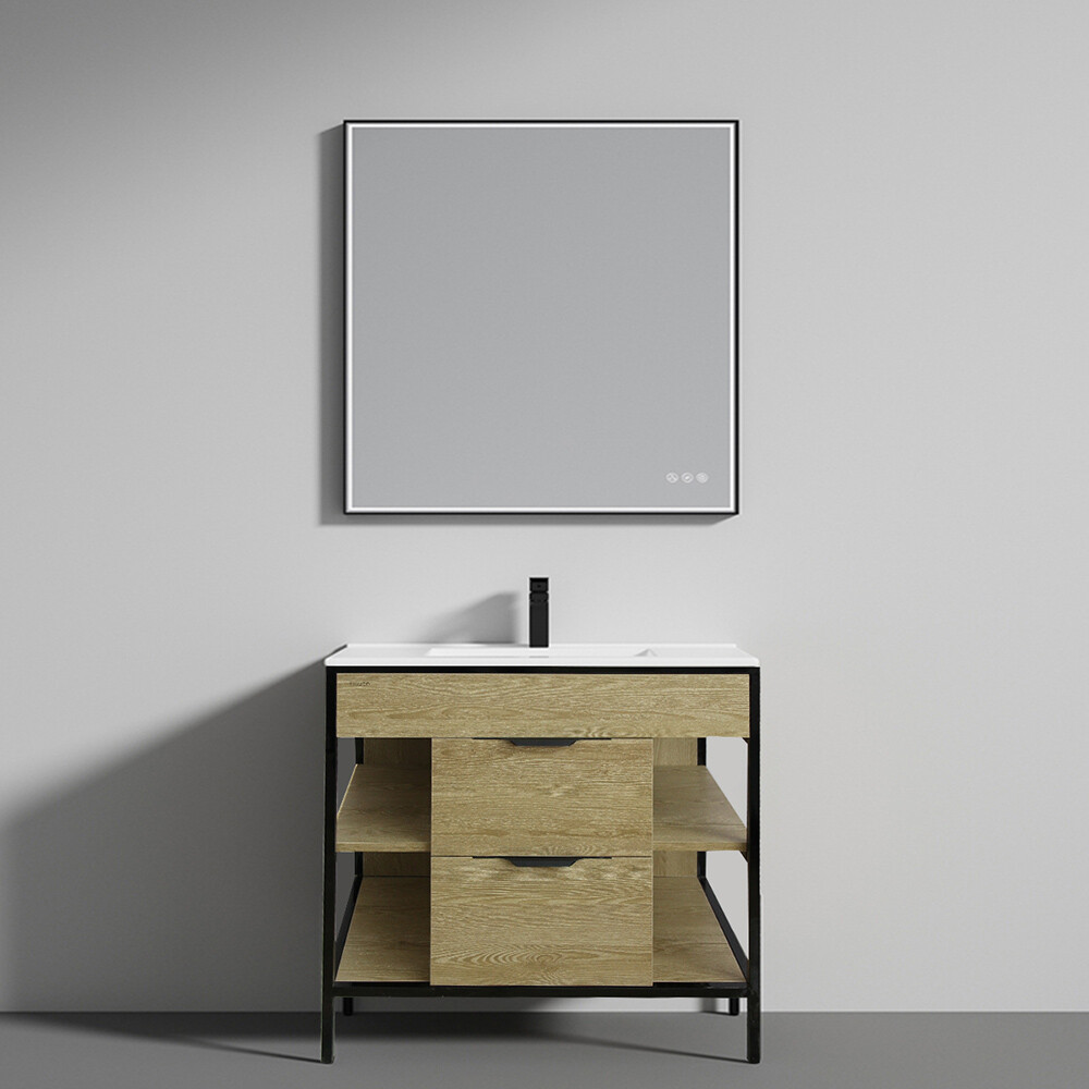 MUEBLE DE BAÑO 2 CAJONES Y ESTANTES VANITY MARRÓN CON BACHA BLANCA Mueble De Baño 2 Cajones Y Estantes Vanity Marrón Con Bacha Blanca