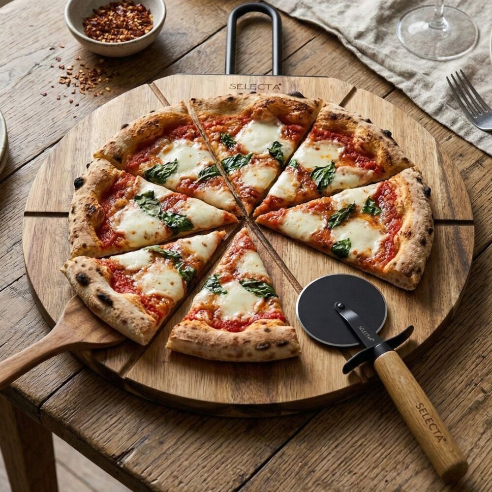 Set tabla de madera de Acacia + Cortador de pizza Set tabla de madera de Acacia + Cortador de pizza