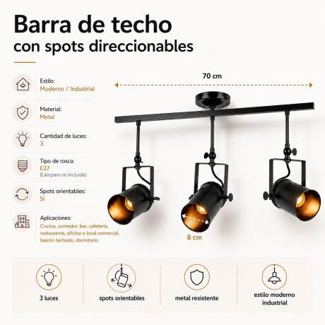 Barra Riel Spot Techo 3 Luces E27 Direccionables Metal Negro