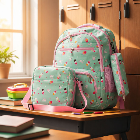 Set Mochila 3 Piezas Estampado Helados Escolar Resistente Verde Claro