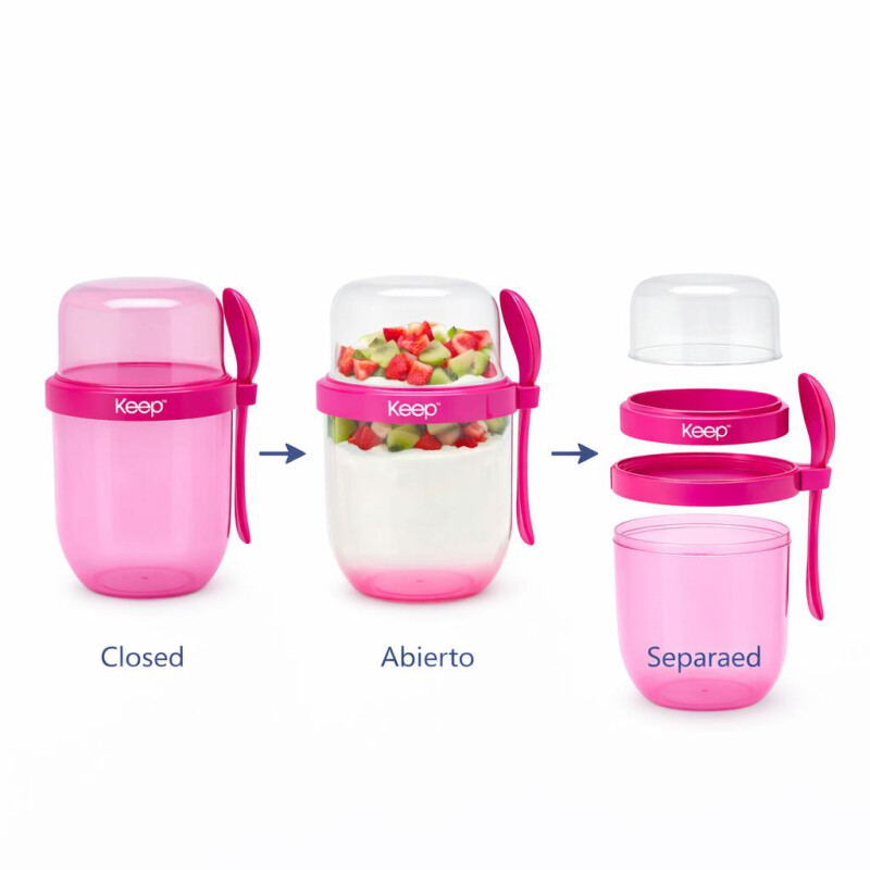 Tupper para Yogur y Snack con Doble Compartimento y Cuchara Rosa