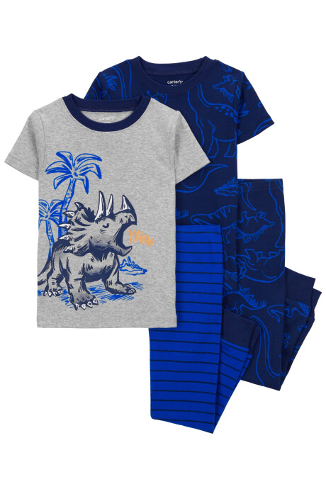 Pijama cuatro piezas de algodón, dos pantalones y dos remeras, tonos gris y azul, diseño dinos Sin color