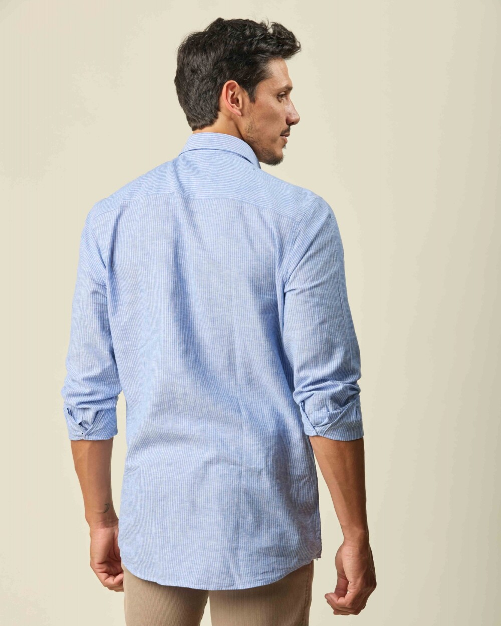 Camisa Lino Algodón Manga Larga Celeste Rayas