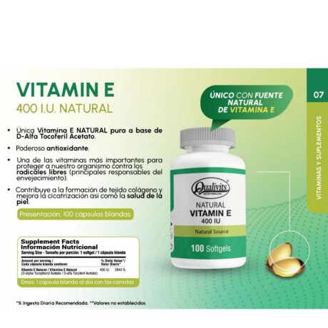 ¡OFERTA POR VENCIMIENTO! Vitamina E 400 Ui X 100caps Qualivits ¡OFERTA POR VENCIMIENTO! Vitamina E 400 Ui X 100caps Qualivits