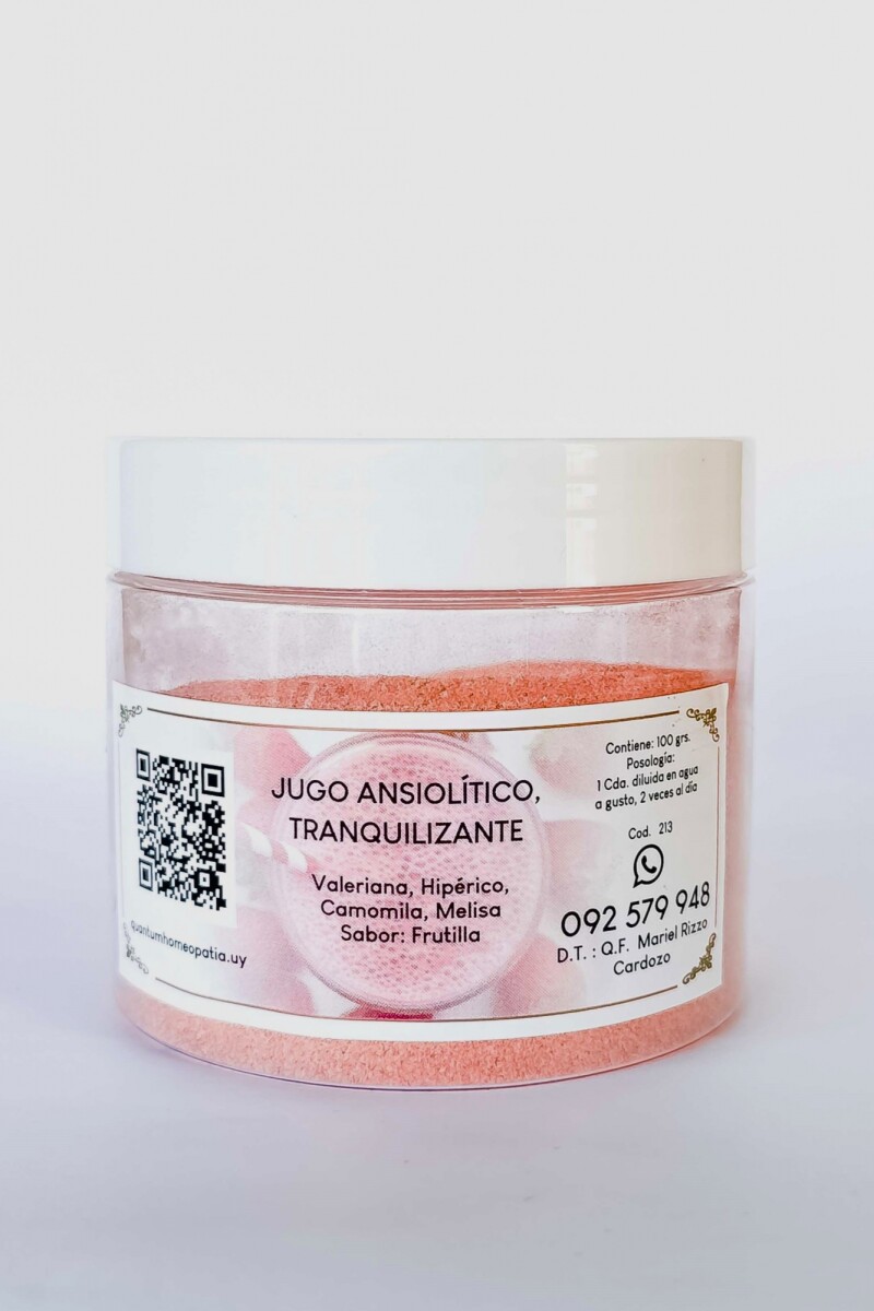 Jugo Ansiolitico y Tranquilizante (Valeriana, Hipérico, Camomila y Melissa) Sabor Frutilla · 100gr Jugo Ansiolitico y Tranquilizante (Valeriana, Hipérico, Camomila y Melissa) Sabor Frutilla · 100gr