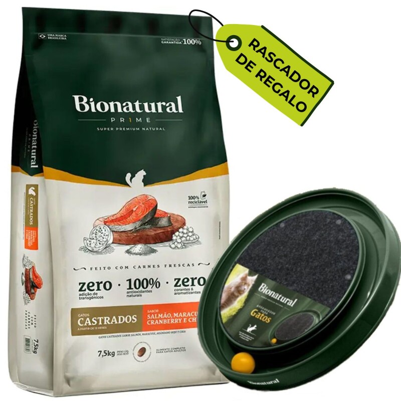 BIONATURAL CAT PRIME CASTRADO SALMON 7,5 KG + RASCADOR