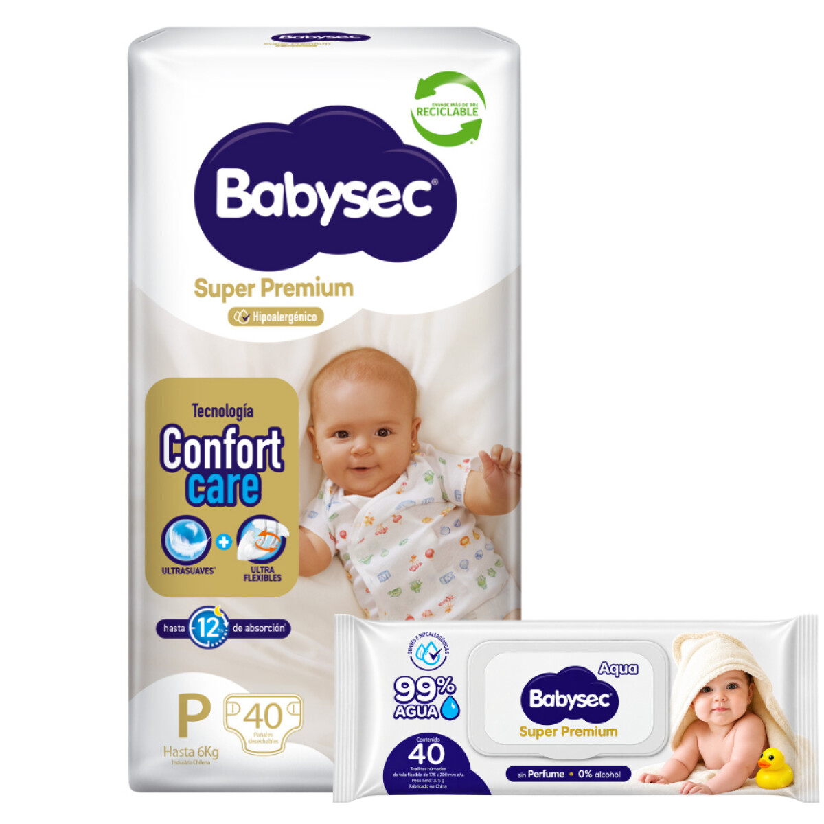 Pack Pañales Babysec Super Premium P 40 Unidades + Toallitas Cuidado Sensible 