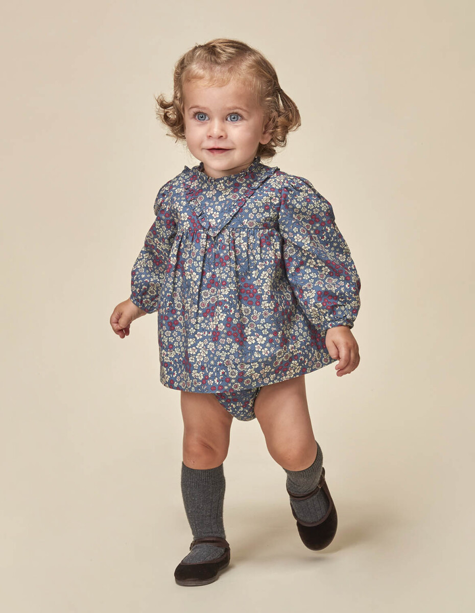 Vestido Flores Con Volante - Azul Viejo 