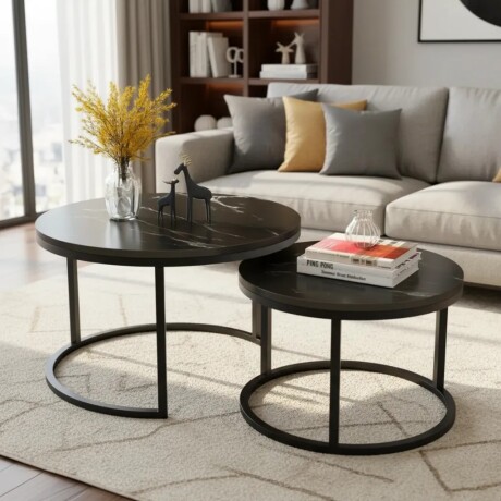 Set De Mesas Ratonas Circulares Nido Simil Marmol Negro