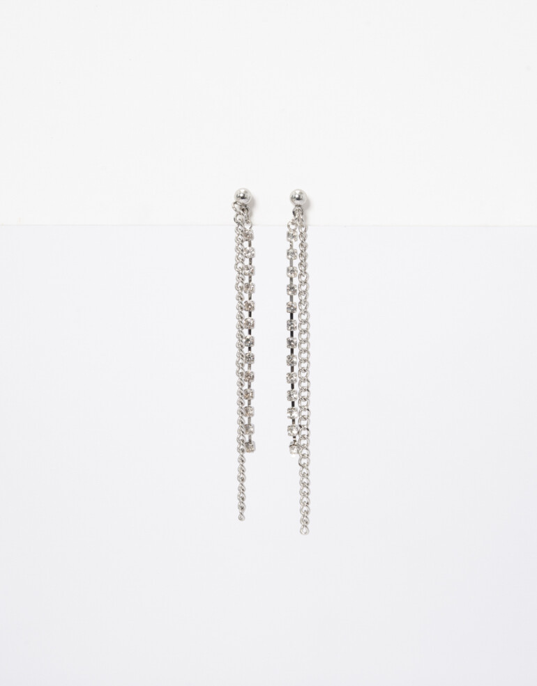 Aros Colgantes Largos Metal Aros Colgantes De Cadena Y Strass - Plateado Rodio