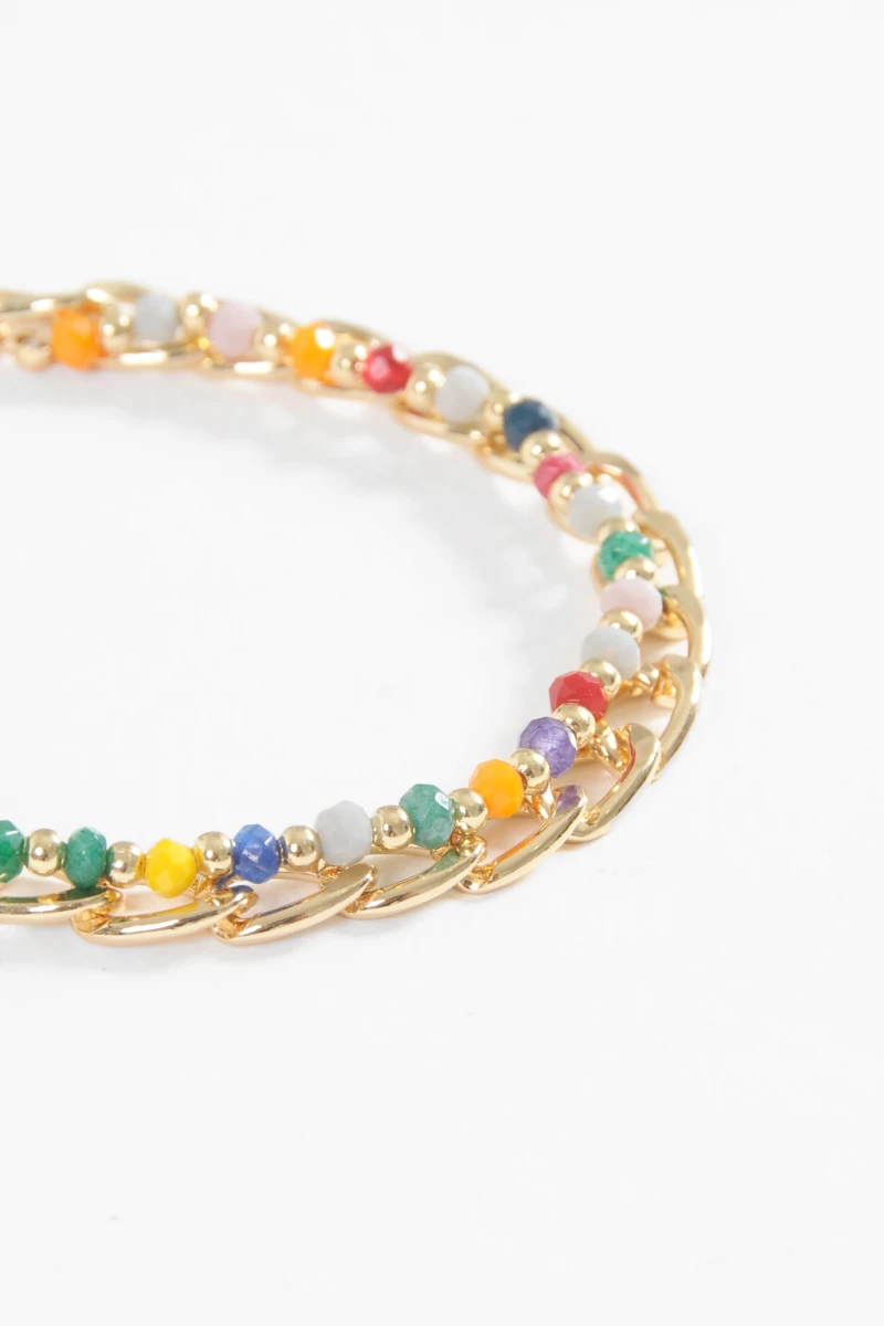 Pulsera doble cadena y piedras dorado