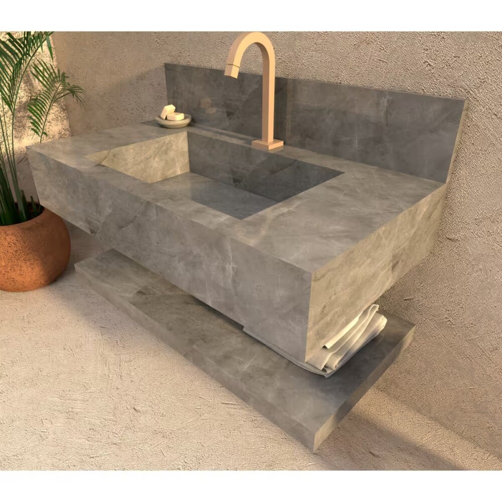 Mueble de baño suspendido de porcelanato gris 84 cm con bacha incorporada y estante flotante Mueble De Baño Suspendido De Porcelanato Gris 84 Cm Con Bacha Incorporada Y Estante Flotante