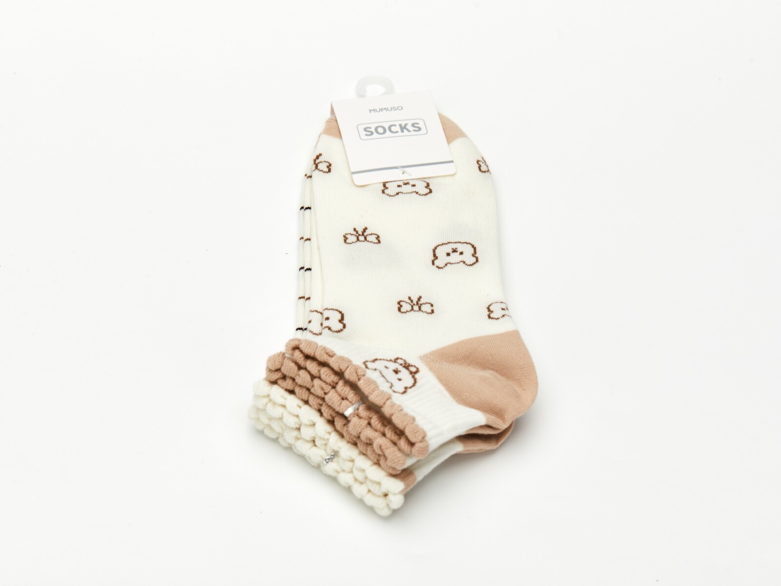 MEDIAS BAJAS PARA MUJER CON DISEÑO DE OSITO Y RIBETE DE ENCAJE MARRÓN (2 PARES/B 