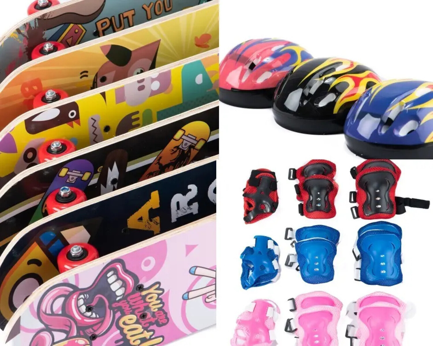 Set patineta de madera 59cm + Set De Protección + Casco De 3 A 6 años 