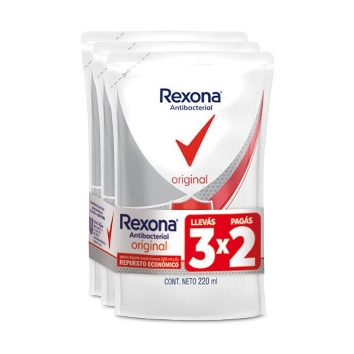 Jabón Líquido Rexona Antibacterial 220 ML Pack Ahorro Llevá 3 y Pagá 2 