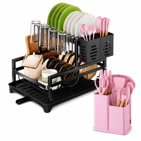 Set Utensilios Cocina 19Pz + Escurridor 2Niv Drenaje Autom Rosa