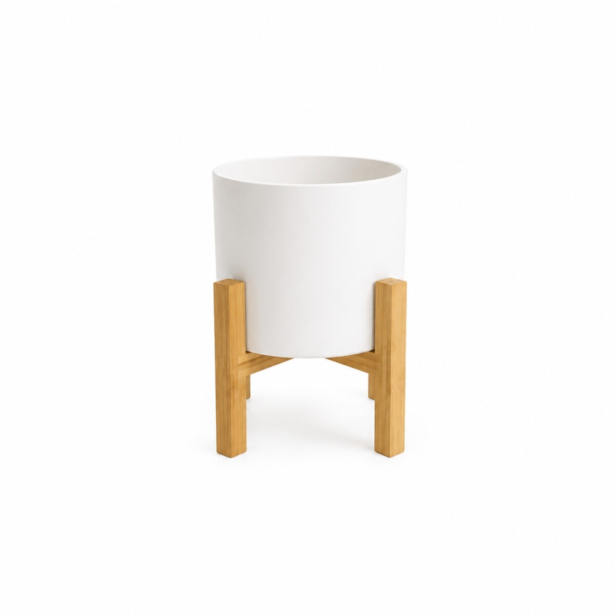 MACETA CERÁMICA M CON SOPORTE DE MADERA - BLANCA 