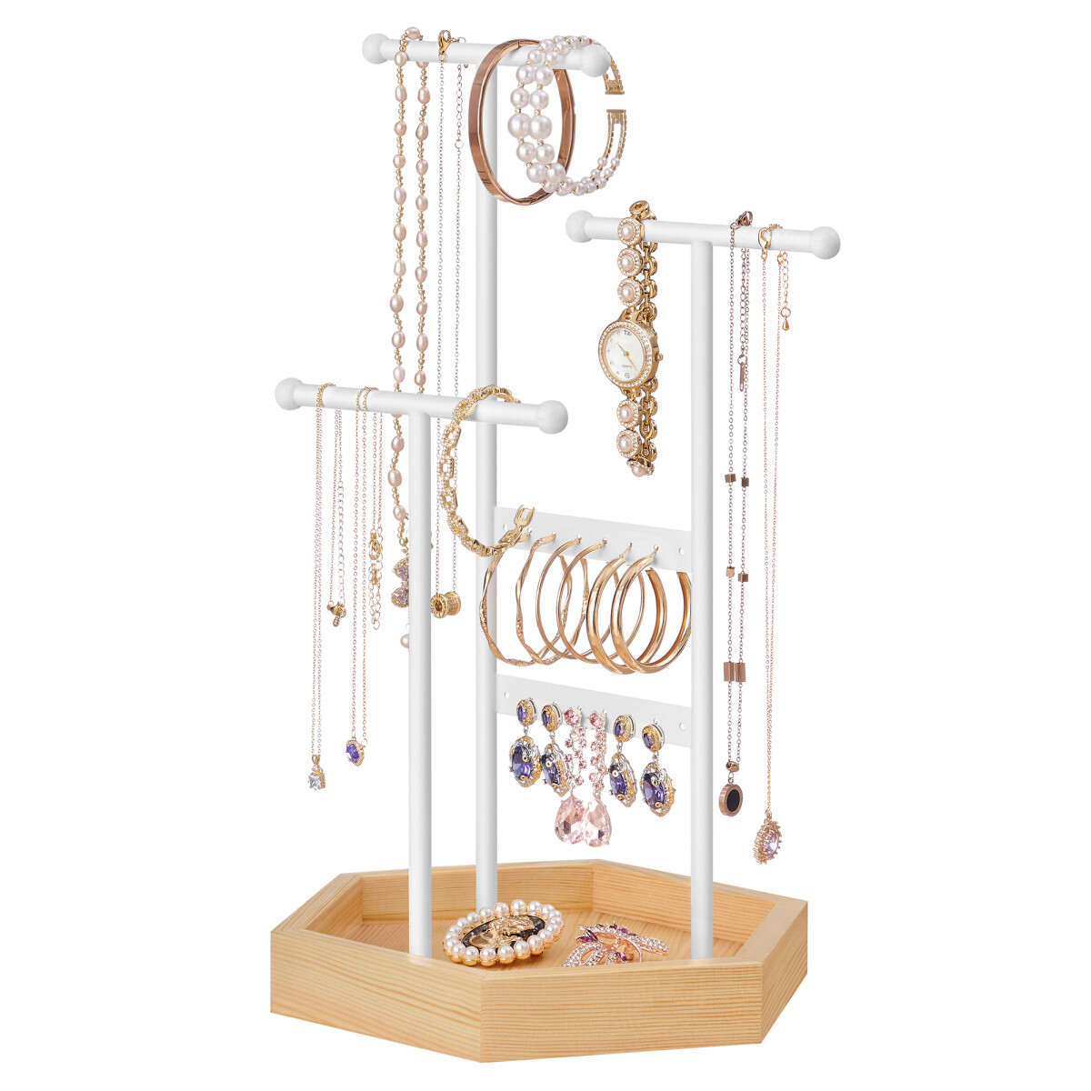SONGMICS Organizadora de Joyas de Metal de 3 Niveles con Base de Madera – Soporte para Pulseras, Relojes y Pendientes 