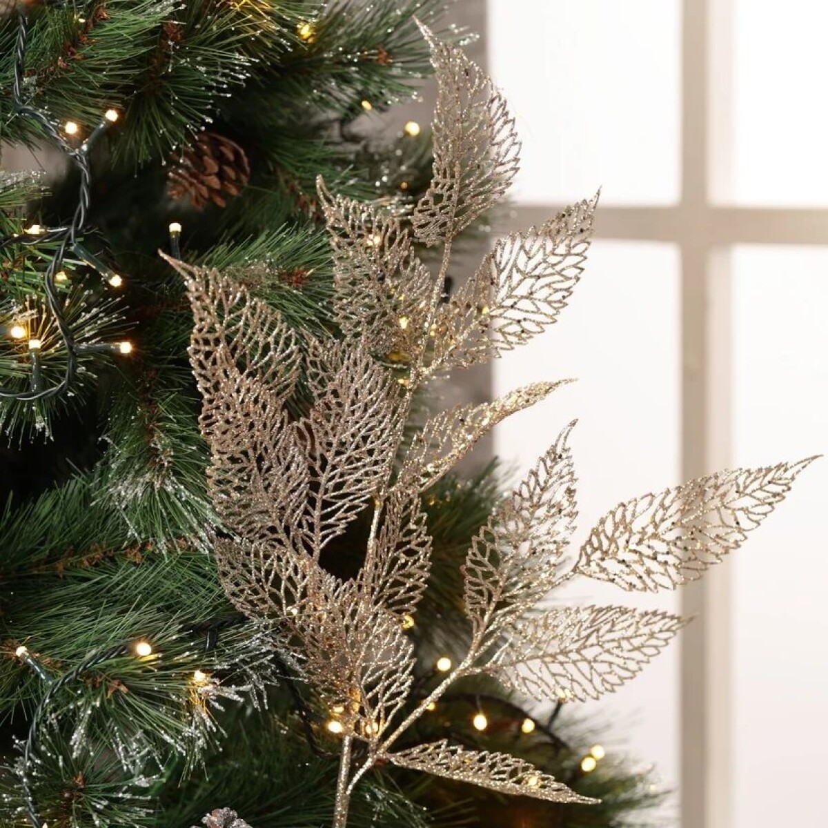 RAMA 5 HOJAS CON GLITTER CHAMPAGNE 