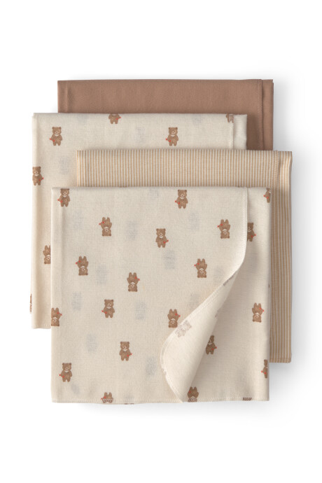 Pack cuatro mantas recibidoras de algodón, beige, diseño oso Pack cuatro mantas recibidoras de algodón, beige, diseño oso