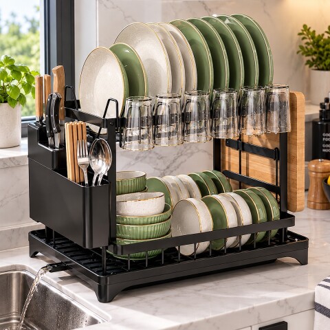 Escurridor Seca Platos Vajilla 2 Niveles Con Bandeja Drenaje Agua Cocina Imback Color Negro Escurridor Seca Platos Vajilla 2 Niveles Con Bandeja Drenaje Agua Cocina Imback Color Negro