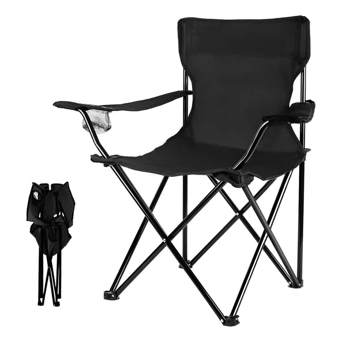 Silla Plegable C/Portavaso, Apoyabrazos Bolso Liviana 90 Kg - Negro 