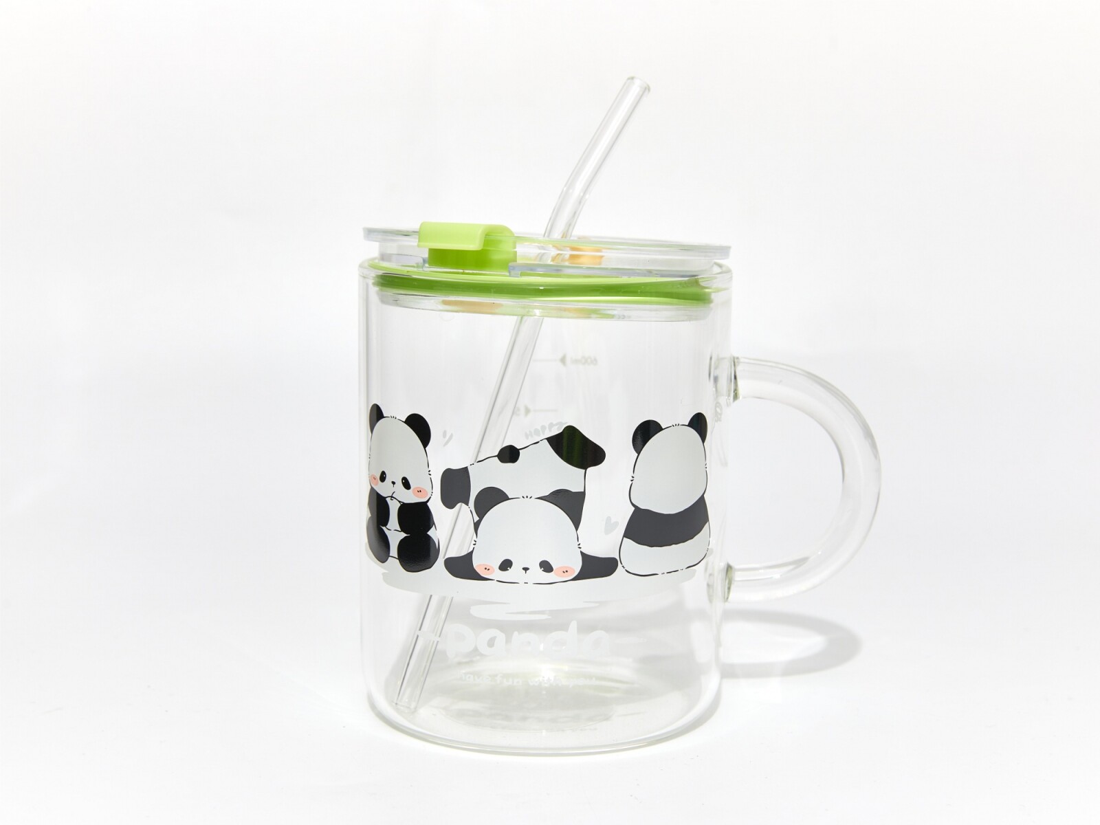 LINDA TAZA DE VIDRIO DE DOBLE USO PANDA CON PAJITA (TAPA VERDE/700 ML) 