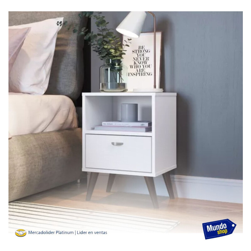 Mesa De Luz Nordica Retro Dormitorio 1 Estantes 1 Cajon Pro Blanco