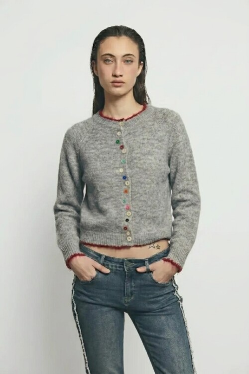 Cardigan con multi botones y pespuntes gris melange