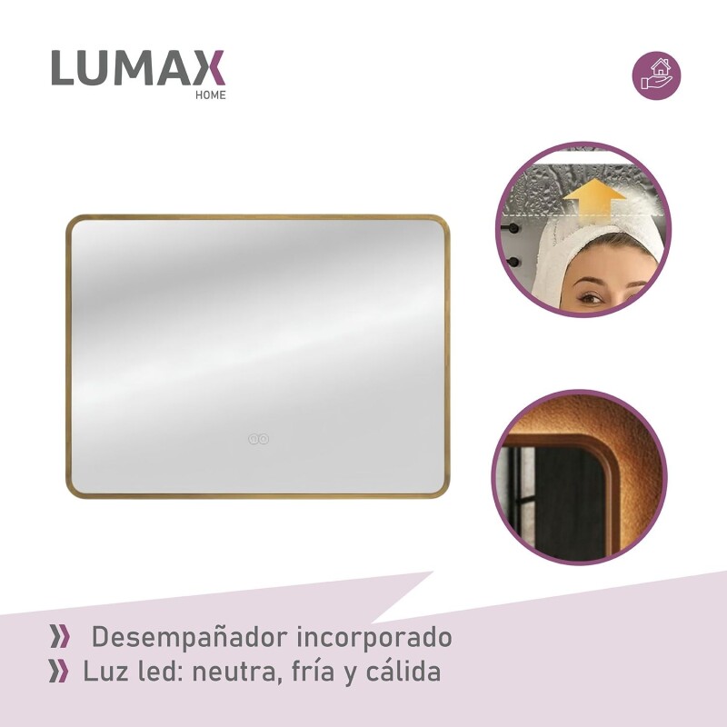 Espejo Horizontal Lumax c/marco desempañador y luz 90x70cm Dorado