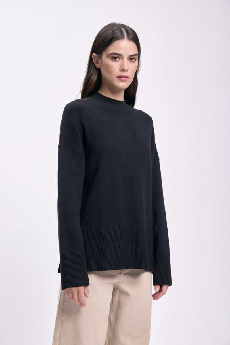 Polera punto con corte lateral - Negro 