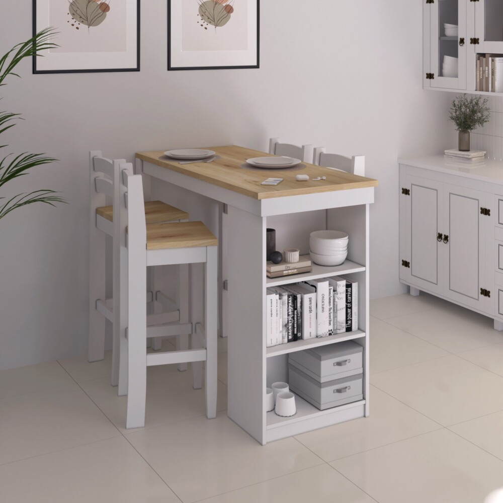Desayunador 4 Bancos Cocina Comedor Madera Blanco Desayunador 4 Bancos Cocina Comedor Madera Blanco