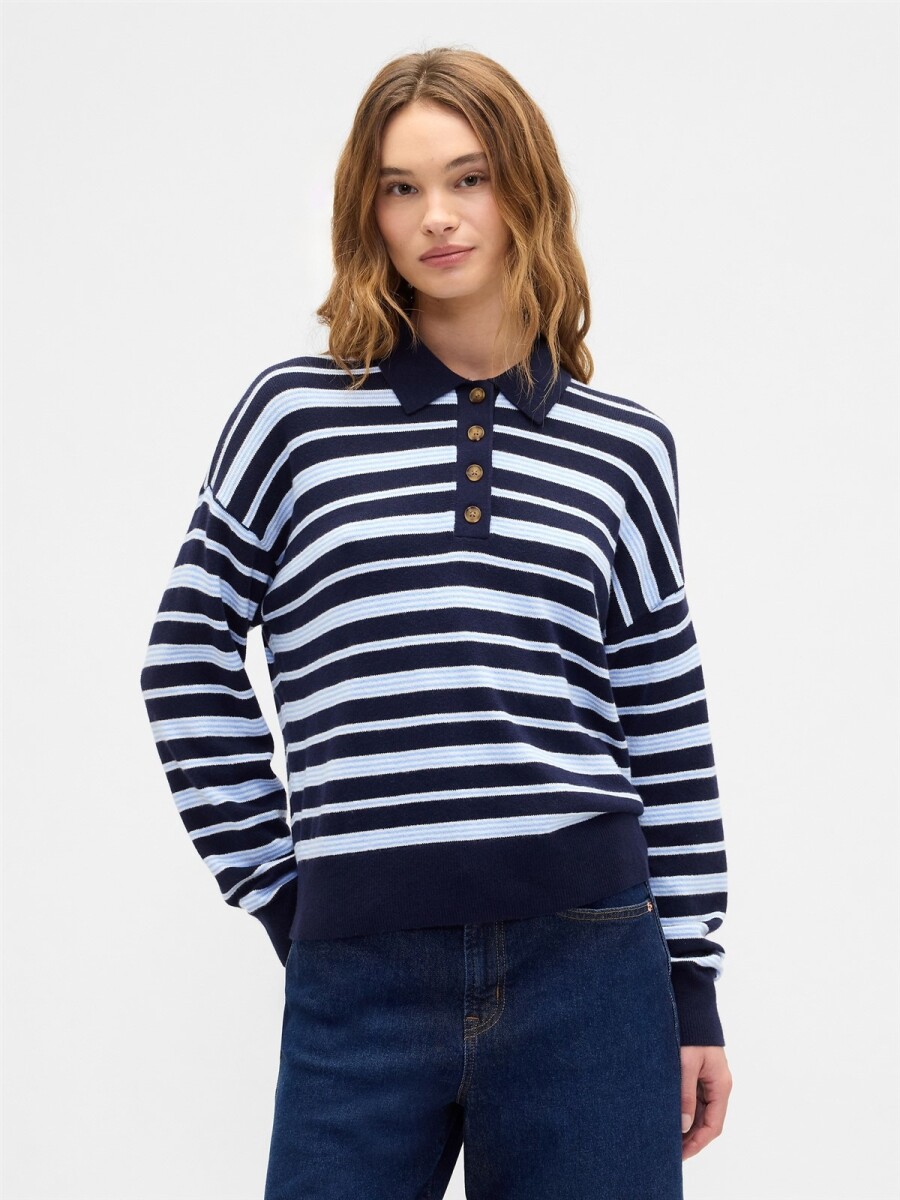 Buzo Cashsoft Tipo Polo Mujer - Navy Stripe 