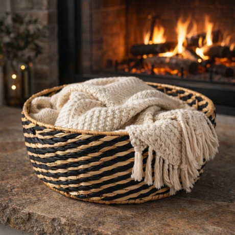 Canasta Decorativa Redonda De Fibra Natural - Grande Canasta Decorativa Redonda De Fibra Natural - Grande