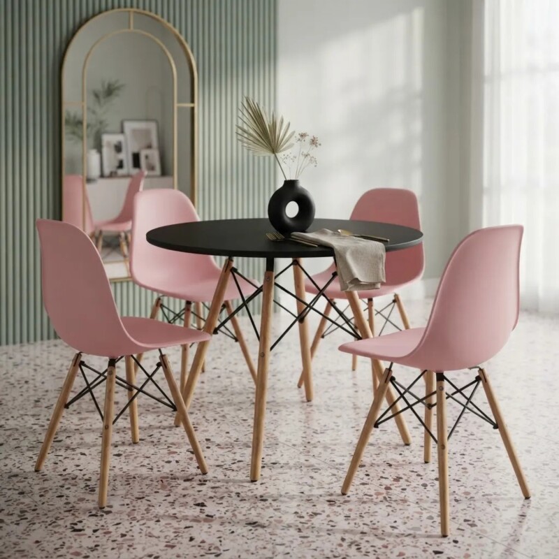 Juego de comedor Con Mesa Circular de 80cm + 4 Sillas Eames Rosa/Negro