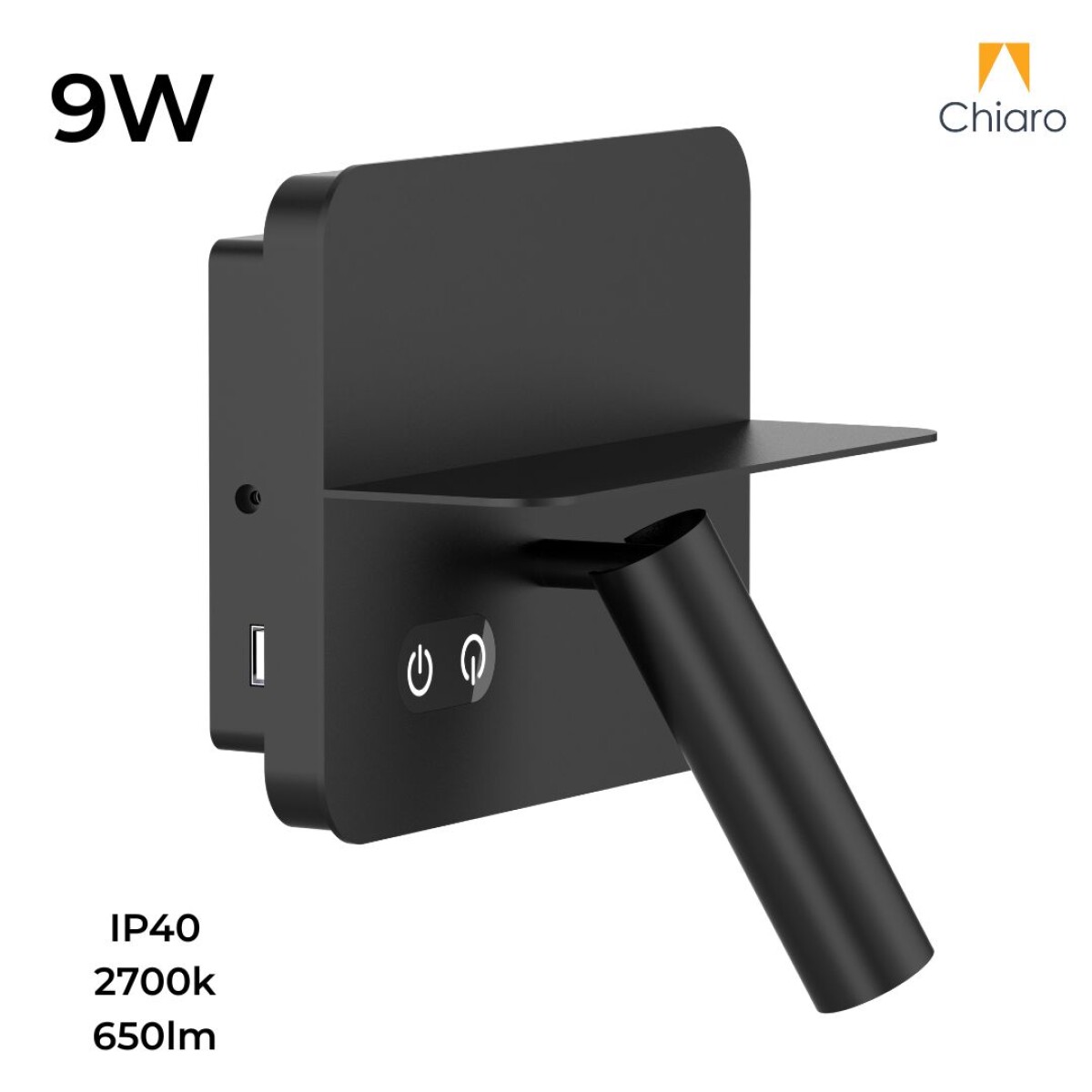 Portátil led de pared con SPOT, USB y DOBLE LUZ DIM 2700K - NEGRA 